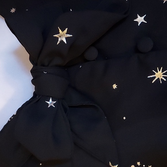Unique Vintage NWT Black & Silver Star Moon Foil Print Bow Long Sleeve Top 4X - Picture 4 of 8